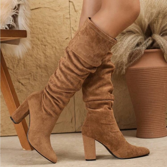 Classic Fashion Mid-Calf Boots, Chunky Heel, High Heel, Solid Color, Versatile,